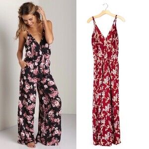 FLYNN SKYE Dressy Boho Wide Leg Jumper Burgundy Red Cherry Blossom Floral Boho